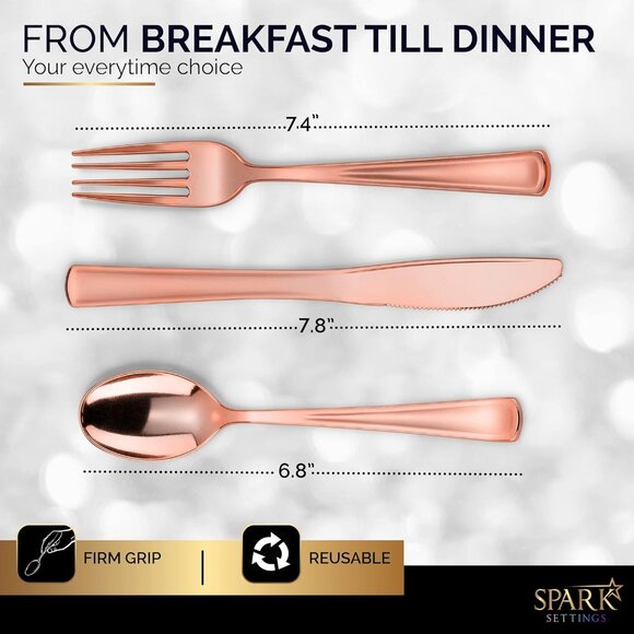 Heavy Duty Plastic Silverware Set - 300 Disposable Rose Gold Utensils 100 Forks, - Picture 3 of 7